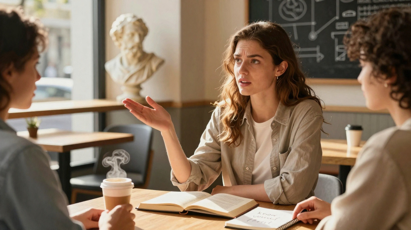 Three young adults having a discussion over coffee at a table with open notebooks in a study room.