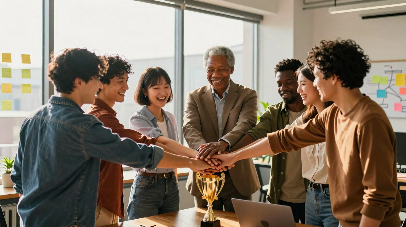 Diverse group of colleagues smiling and stacking hands over a trophy in modern office meeting room.