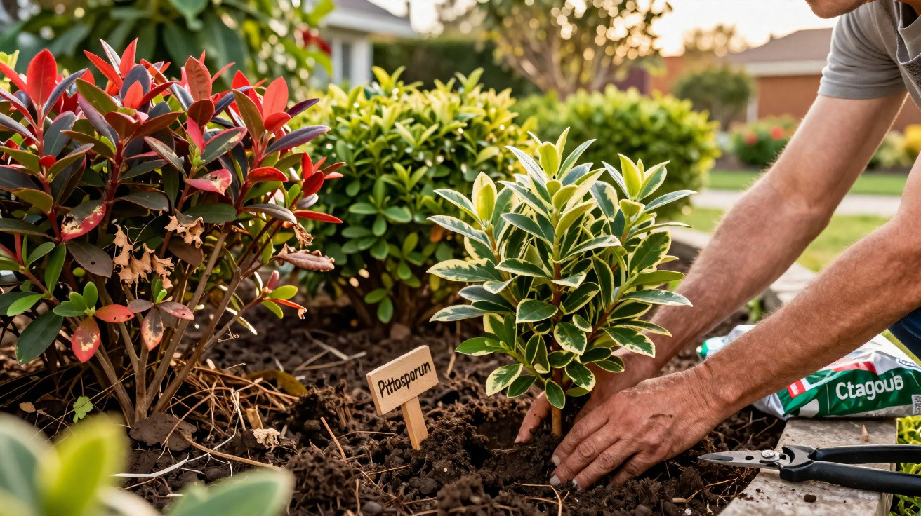 Person planting a Pittosporum shrub in a garden bed with gardening tools nearby.