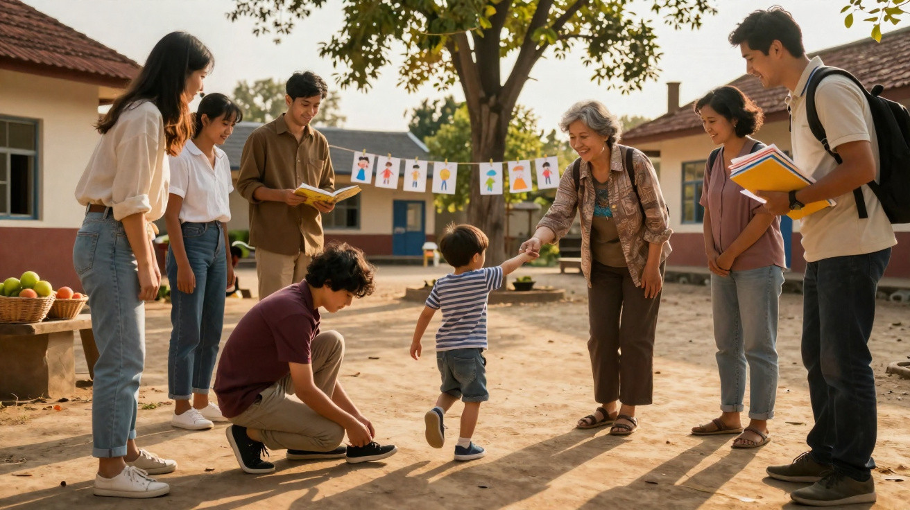 A group of young adults and an elderly woman warmly greet a small child outdoors in a village setting.
