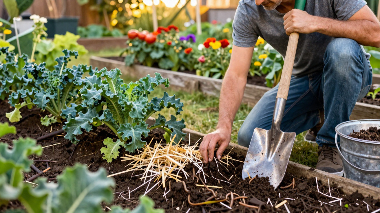Man gardening with a spade, planting seeds in soil with kale plants and flowers in the background.
