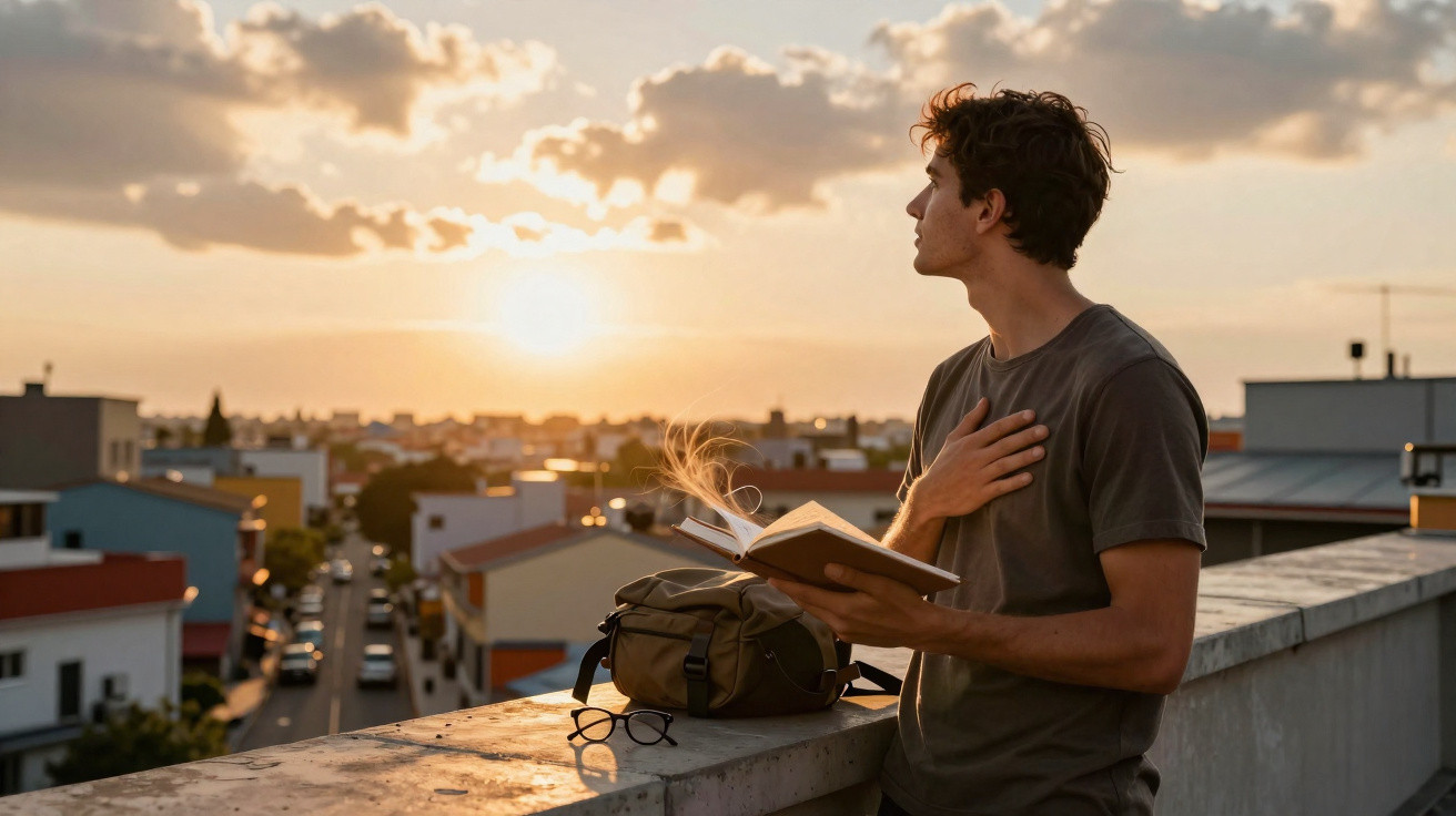 Young man holding an open book and looking at the sunset on a rooftop in a cityscape.