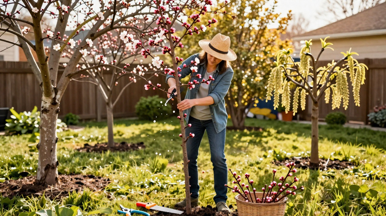 Woman in a hat pruning a blossoming tree in a sunny garden with gardening tools and a basket nearby.
