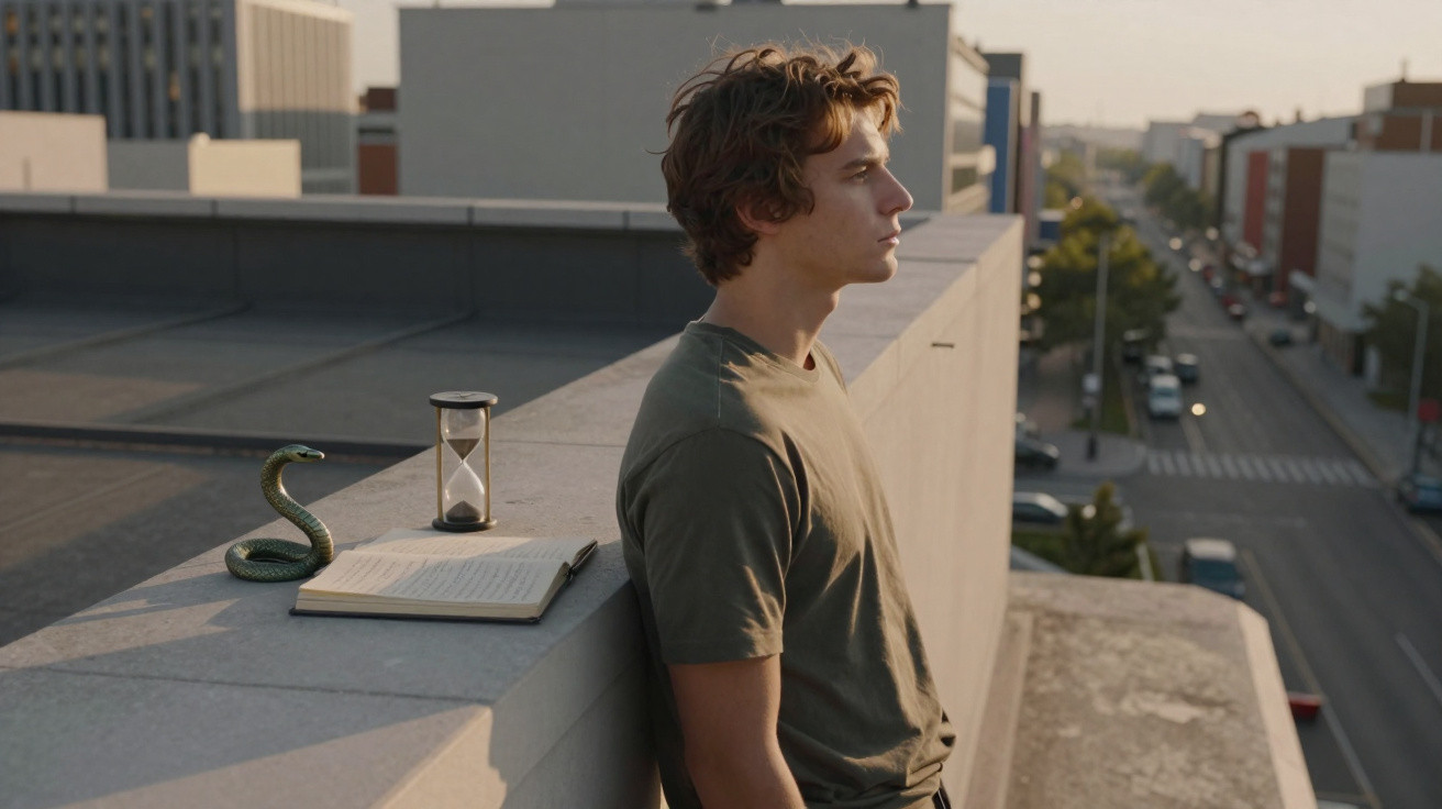Young man in green t-shirt leans on rooftop ledge at sunset with notebook, hourglass, and snake sculpture nearby.