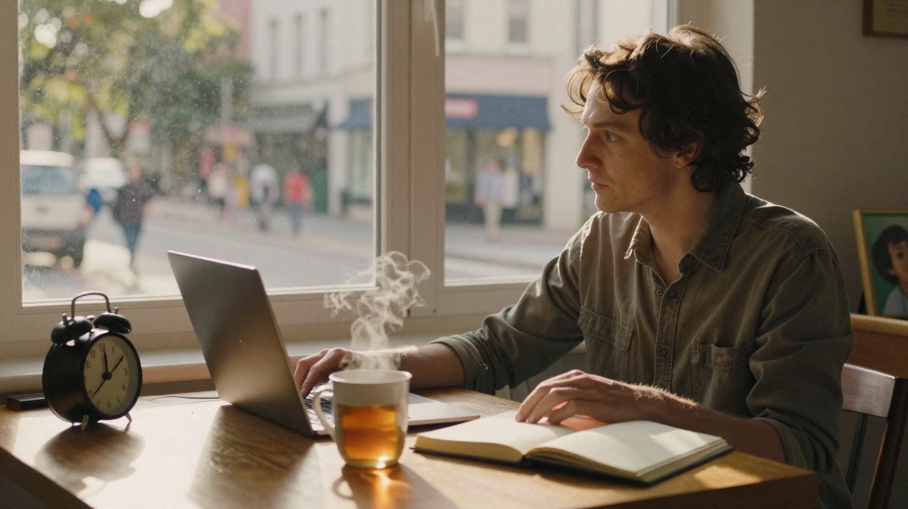 Man working on laptop at table with steaming cup of tea and open notebook by window in daylight.