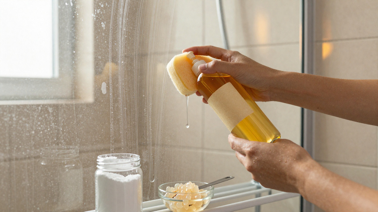 Hands holding a sponge and a bottle with yellow liquid, cleaning a bathroom mirror with baking soda nearby.