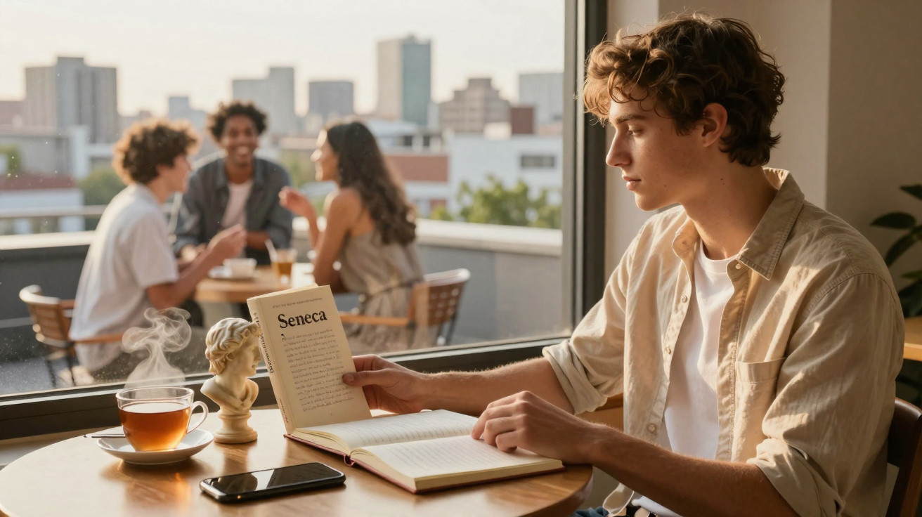 Young man reading a book about Seneca at a table with tea, a bust sculpture, and a smartphone by a window.