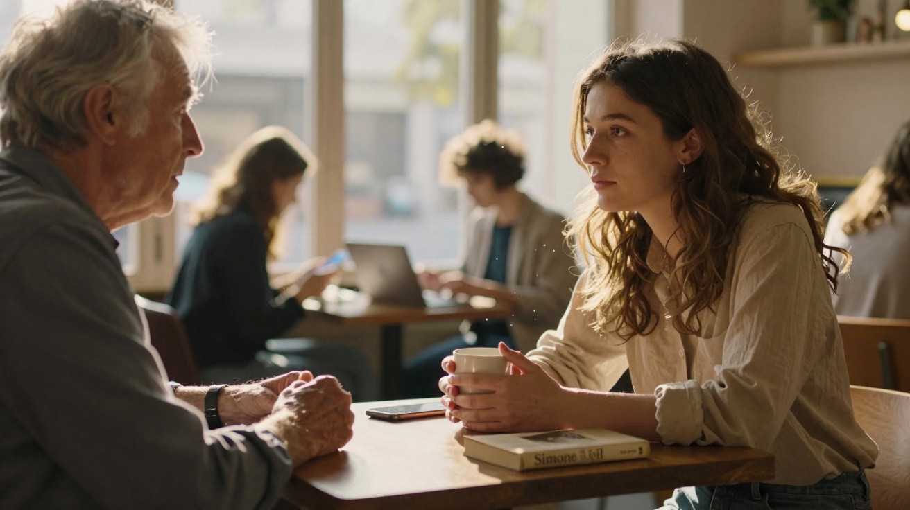 Young woman holding a cup and talking with an elderly man at a café table with a book and phone.
