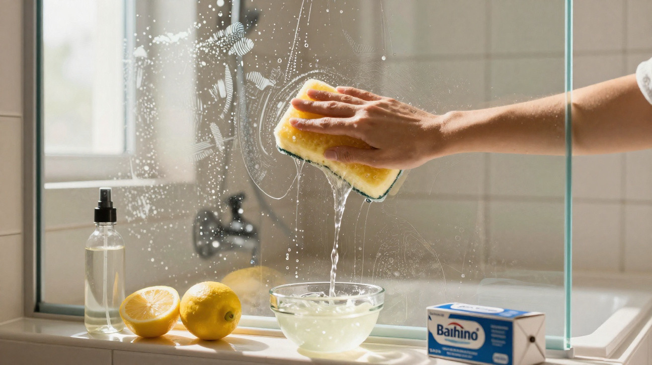 Hand squeezing a sponge over a bowl with lemons, cleaning a glass shower door in a bathroom.