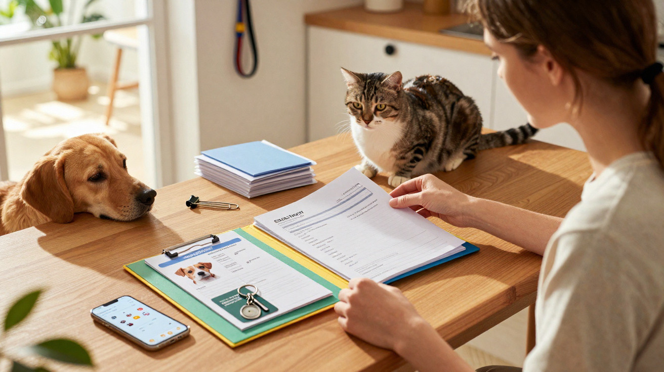 Person reviewing pet vaccination documents at a table with a dog and cat nearby in a sunlit room.
