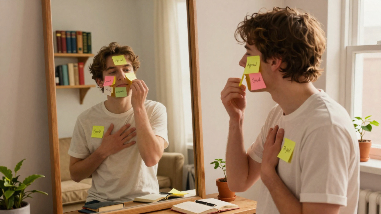 Young man in white t-shirt placing sticky notes with emotions on his face and chest in front of a mirror.