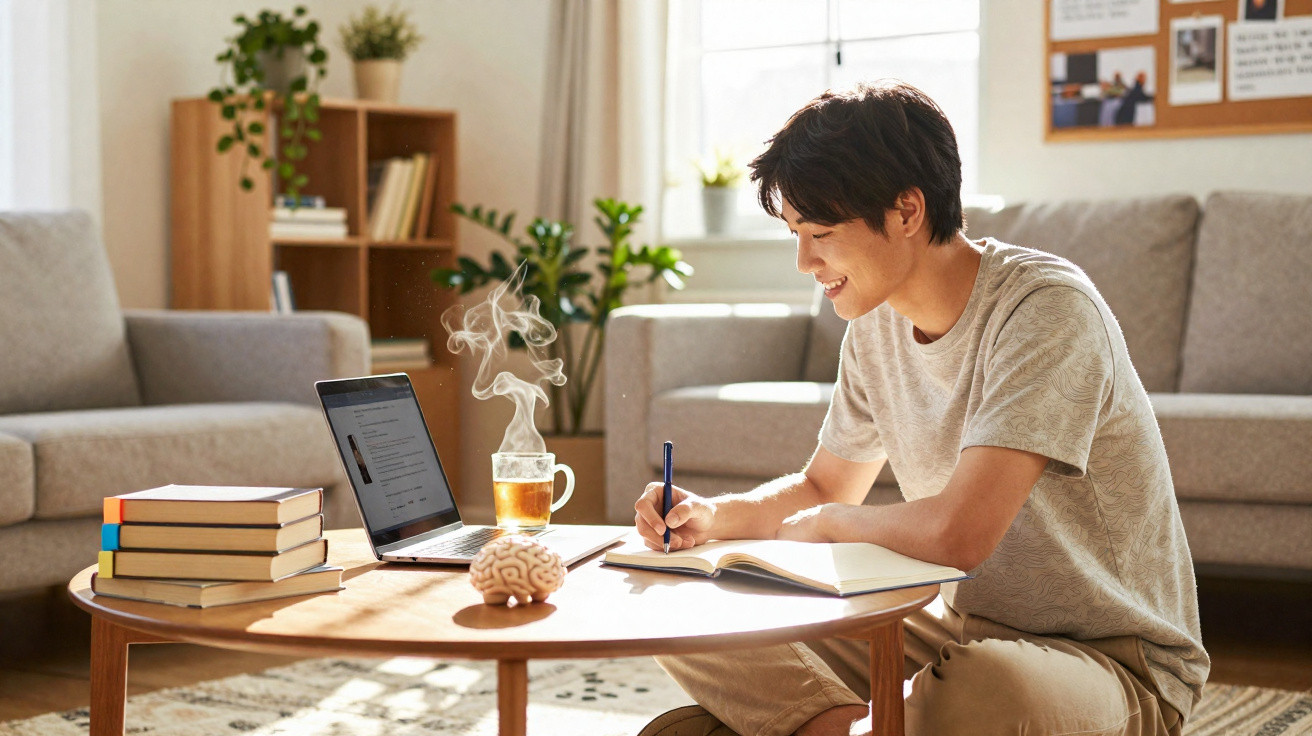 Young man sitting on the floor in a living room, smiling and writing in a notebook next to a laptop and steaming tea.
