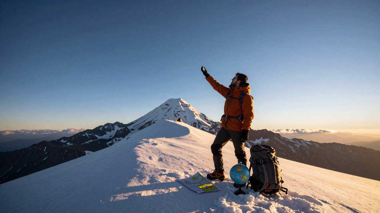 Hiker in an orange jacket stands on snowy mountain summit with map, globe, and backpack at sunrise.