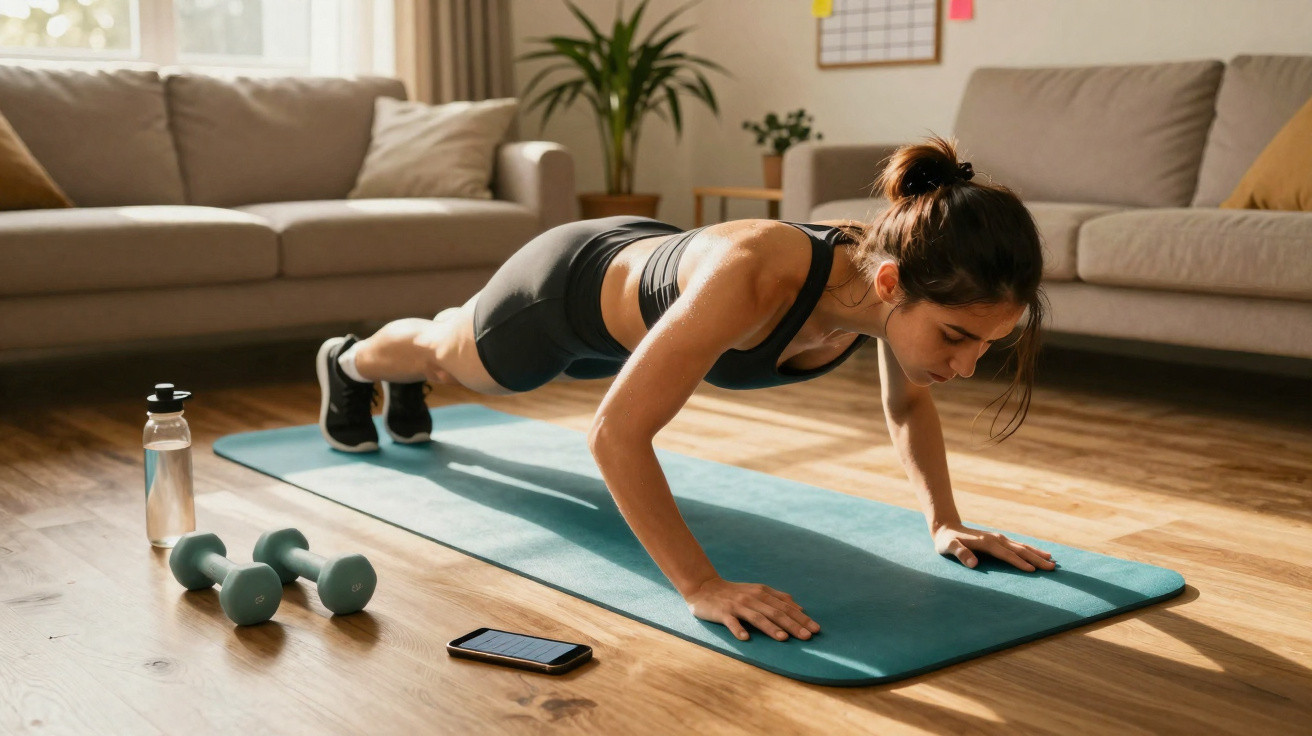 Woman in sportswear doing push-ups on a yoga mat in a bright living room with dumbbells and water bottle nearby.
