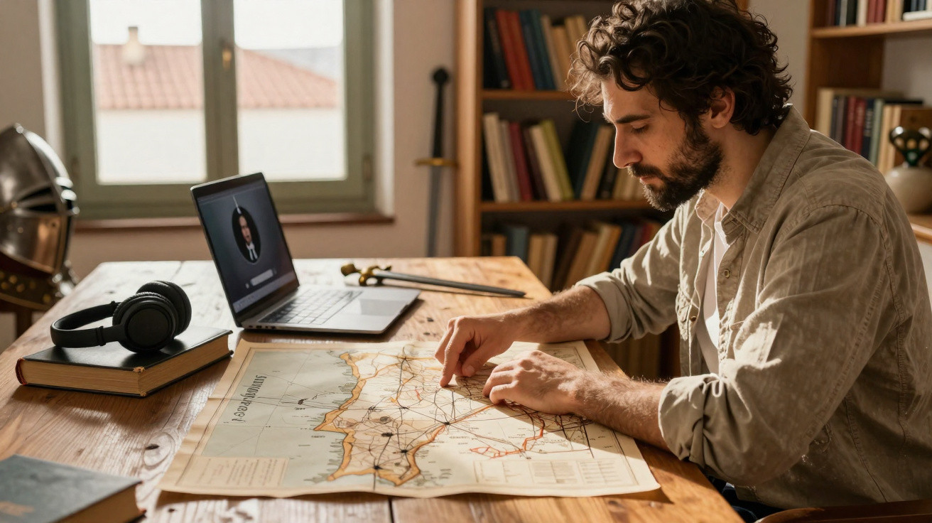 Man studying a map at a wooden table with a laptop, headphones, and books in a cosy room.