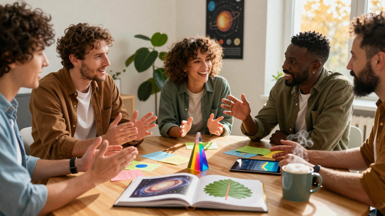Group of young people discussing ideas around a table with a rainbow prism, books, and notes in a bright room.
