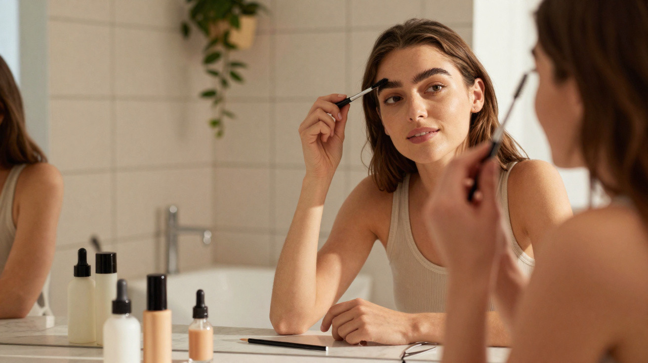 Young woman applying eyebrow makeup while looking at herself in a bathroom mirror.