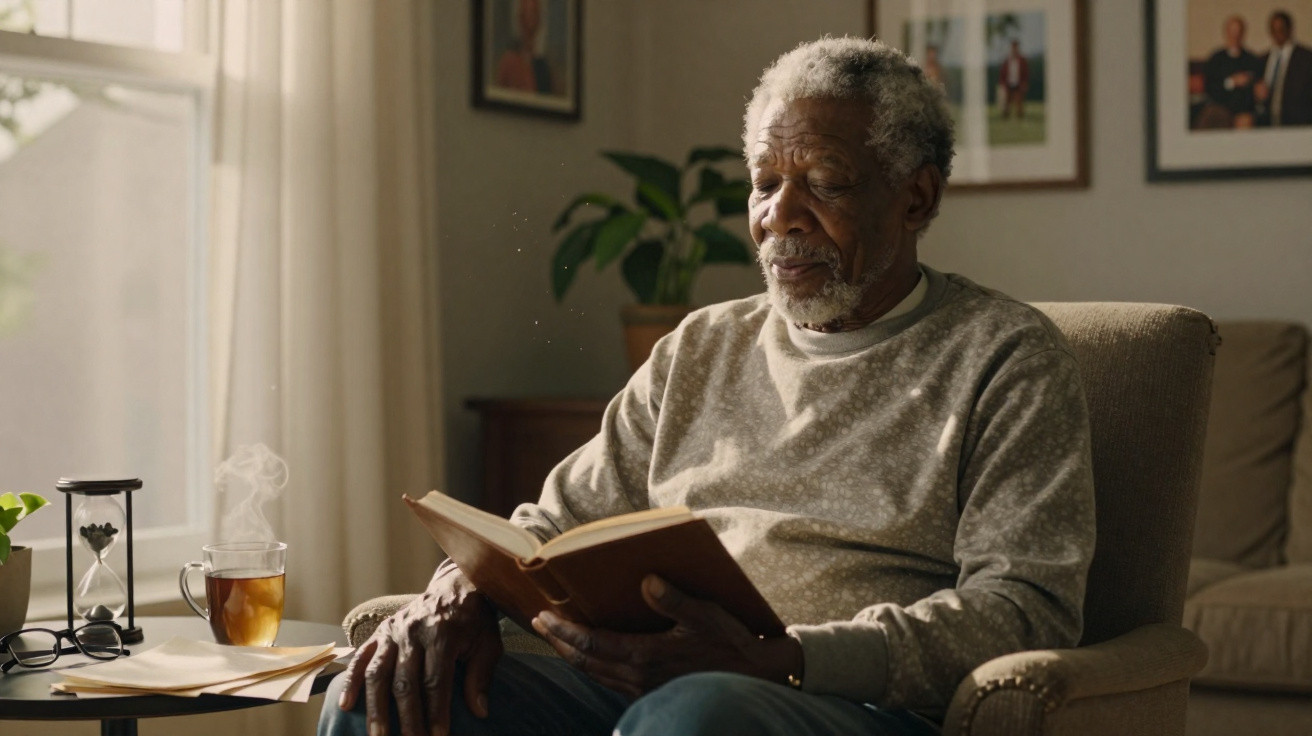 Elderly man reading a book while sitting in an armchair by a window with a steaming cup of tea nearby.
