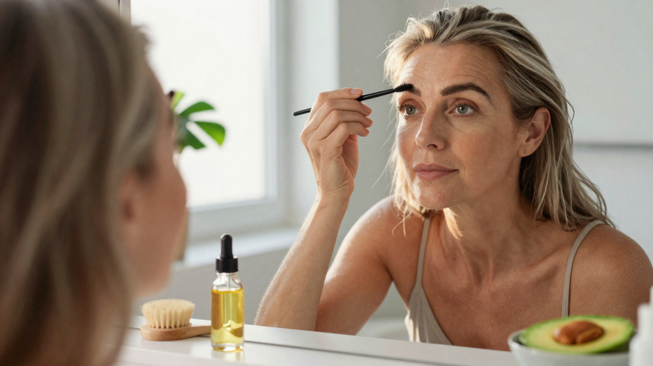 Middle-aged woman applying eyebrow makeup while looking in bathroom mirror with skincare products nearby.