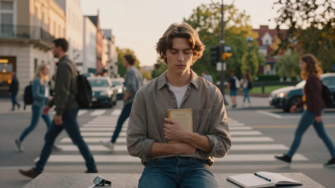 Young man sitting on bench holding a book with eyes closed, people walking on pedestrian crossing behind him.