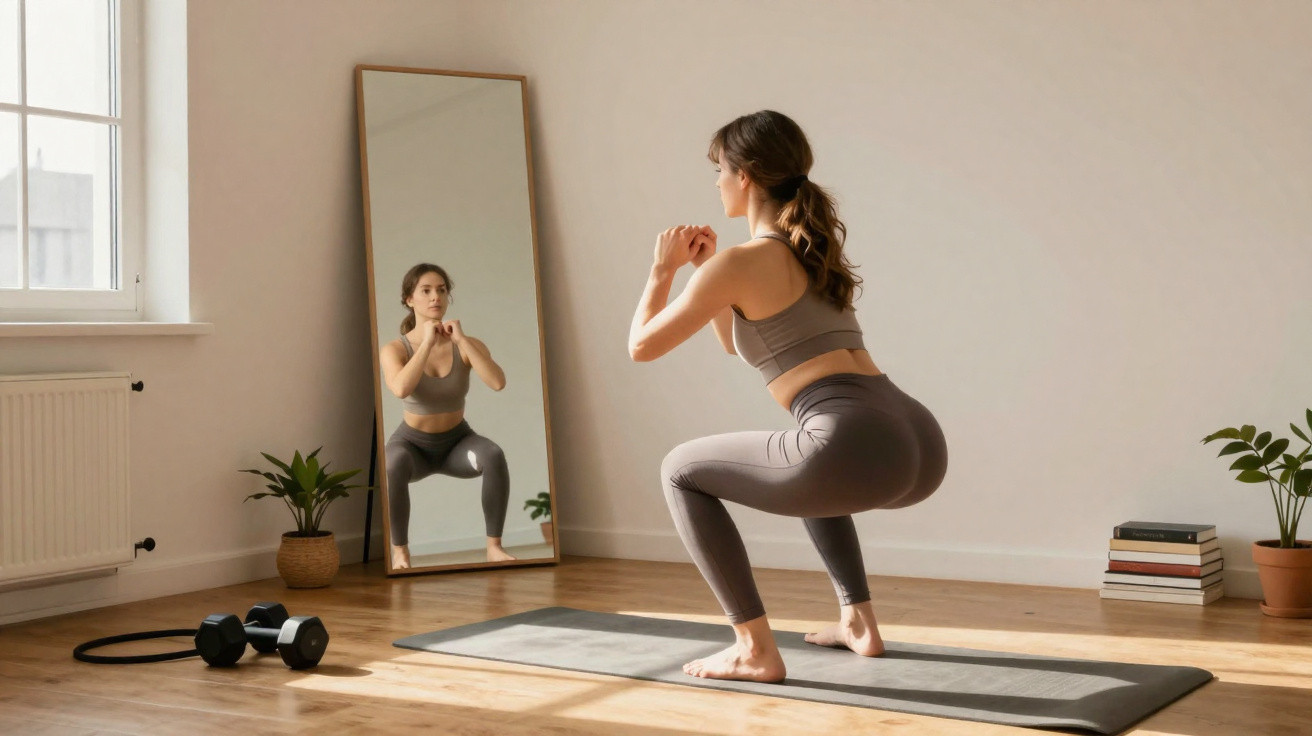 Woman in grey workout clothes doing squats on a mat indoors, facing a full-length mirror in a bright room.