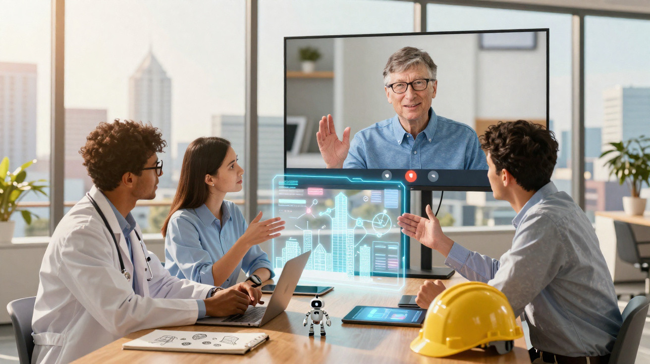 Three professionals in a meeting room video calling with a man discussing digital city planning hologram.