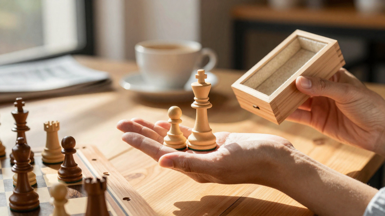Hands holding white chess king and pawn pieces with an open wooden box on a table by a window.