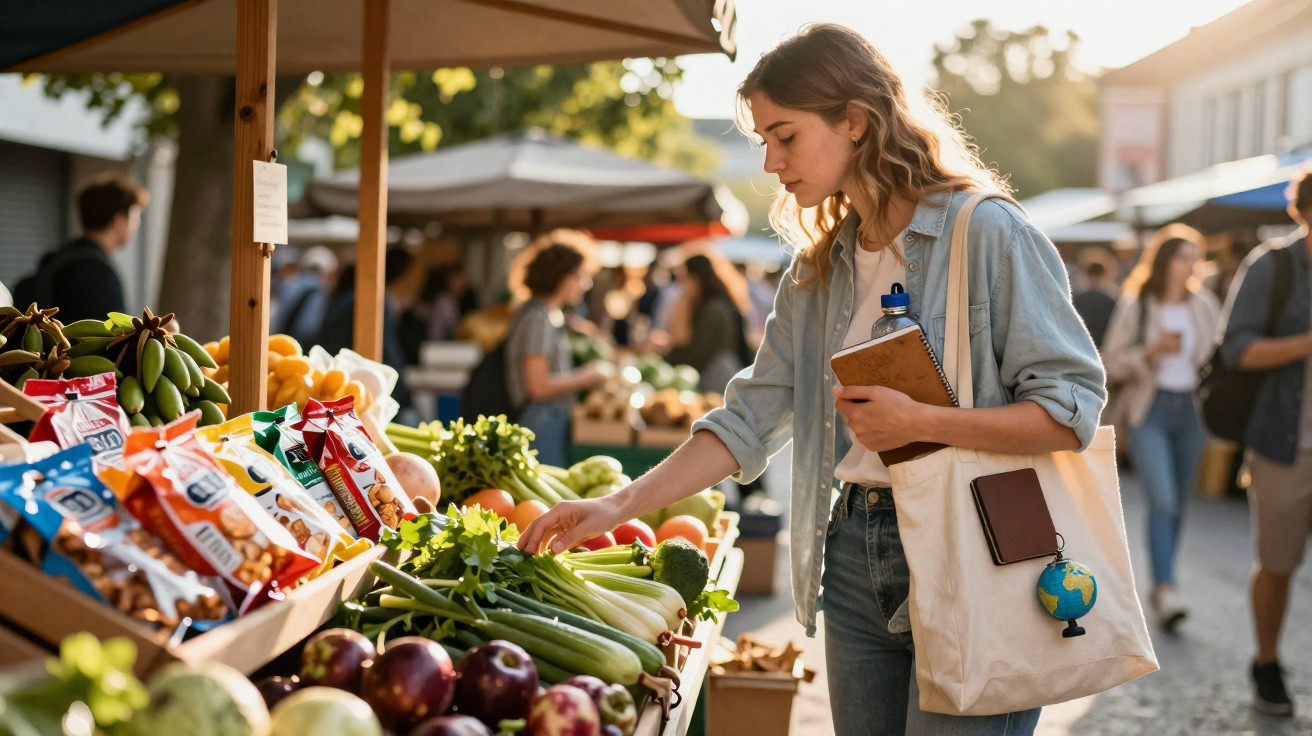 Young woman selecting fresh vegetables at an outdoor market on a sunny day with other shoppers around.