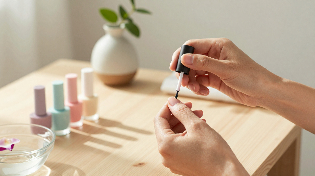 Hands applying clear nail polish with bottles and a vase on a wooden table in soft natural light.