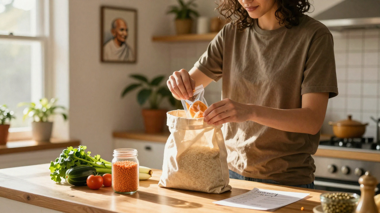 Person packing dry food into a reusable cloth bag on a kitchen counter with fresh vegetables nearby.