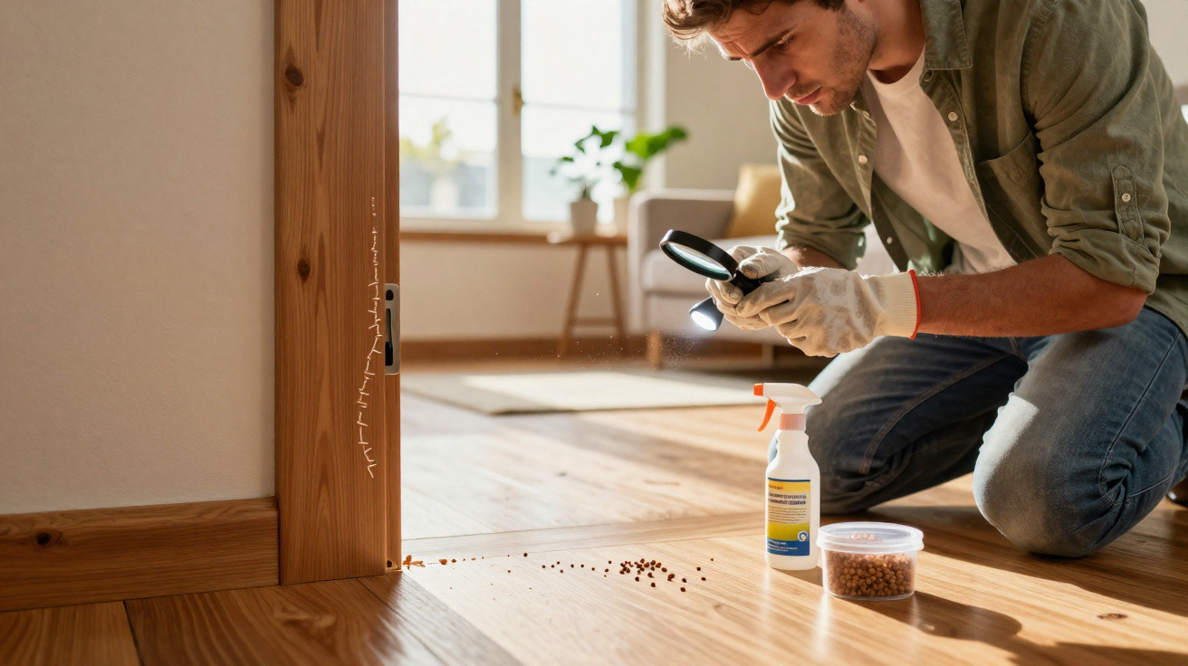 Man inspecting ant trail on wooden floor with magnifying glass and pest control spray nearby