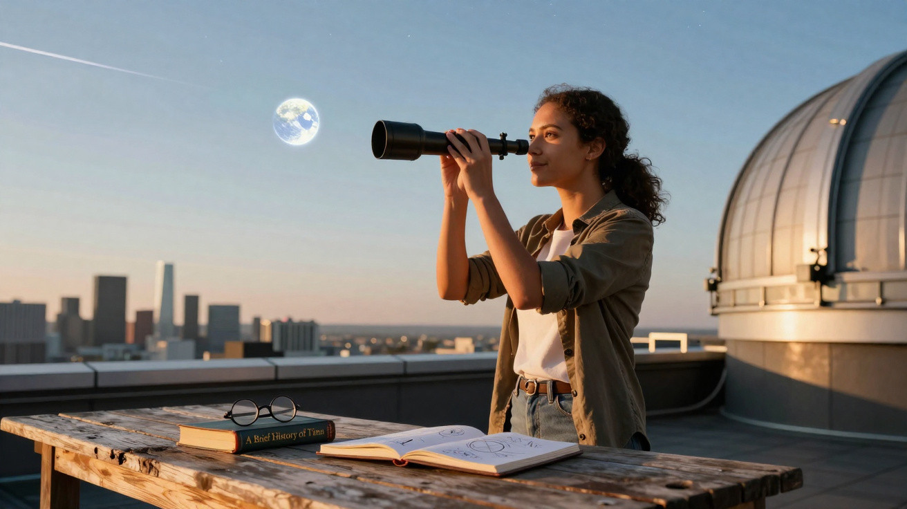 Young woman using telescope on rooftop observatory with open astronomy book at sunset, city skyline in background.