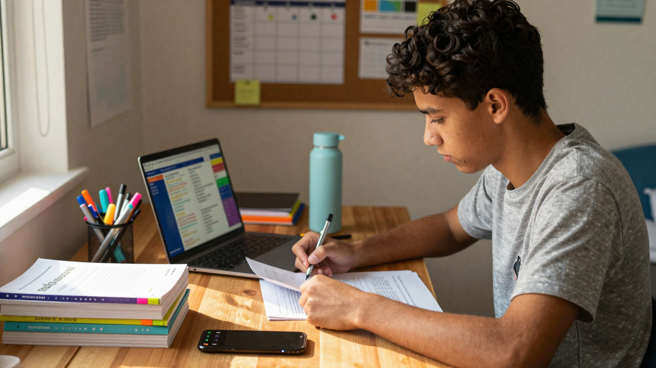 Teenage boy studying at a desk with books, laptop, and stationery near a window in a well-lit room.