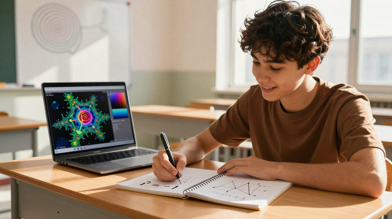 Boy with curly hair drawing geometric shapes in notebook with laptop displaying fractal design on desk in classroom.