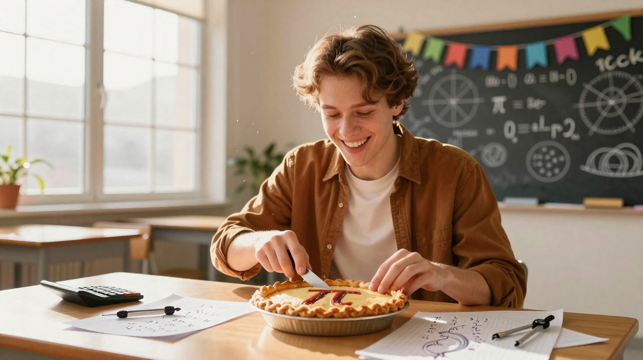 Student in classroom cutting a pie decorated with the pi symbol, surrounded by maths notes and tools.