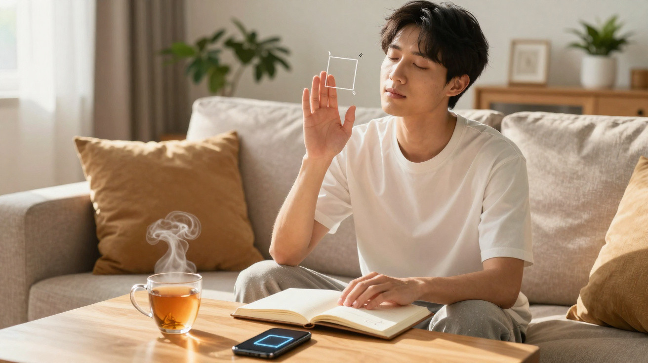 Young man sitting on sofa reading a book with eyes closed and steaming tea on table in bright living room.