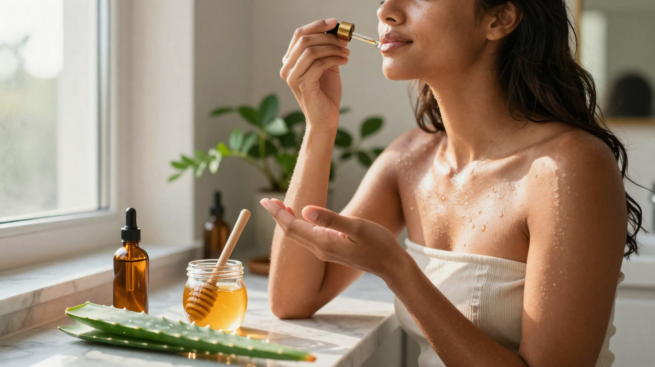 Woman applying facial oil with dropper, honey jar, and aloe vera on windowsill in bright room.