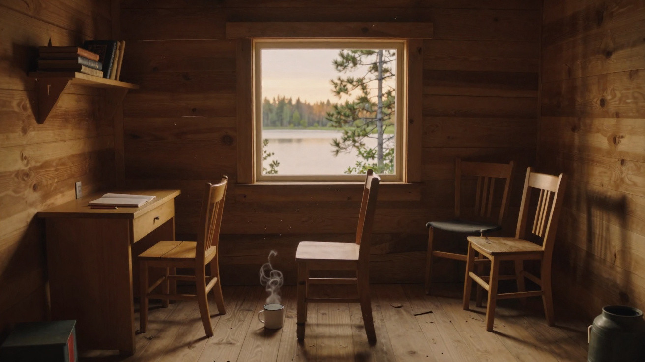 Cozy wooden room with chairs, a desk, and a steaming cup, overlooking a lake through a square window.