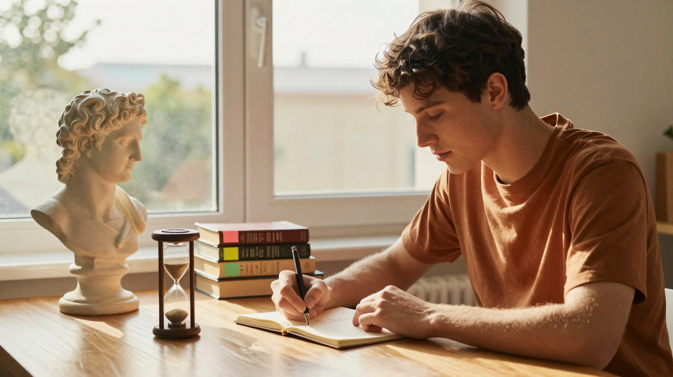 Young man writing in a notebook at a wooden desk with books, an hourglass, and a classical bust by the window.