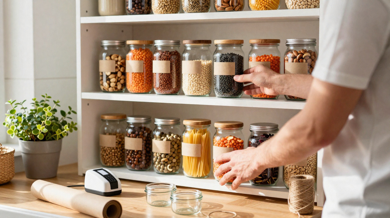 Person organising glass jars filled with dried beans, nuts, and pasta on white shelves in a kitchen.