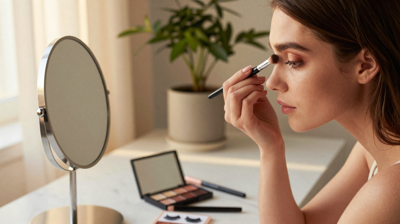 Young woman applying eyeshadow with brush at a vanity table with mirror and makeup products.