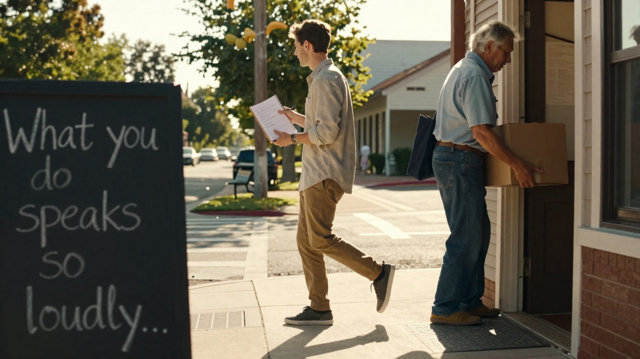 Young man holding papers walking past a man entering a building carrying a box, next to a sign with a quote.