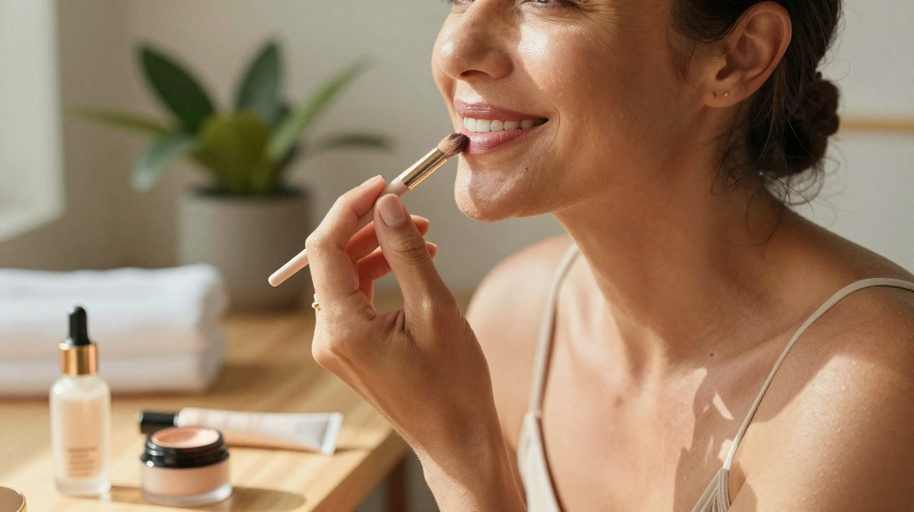 Woman smiling while applying lip makeup with a brush at a wooden table with cosmetics nearby.