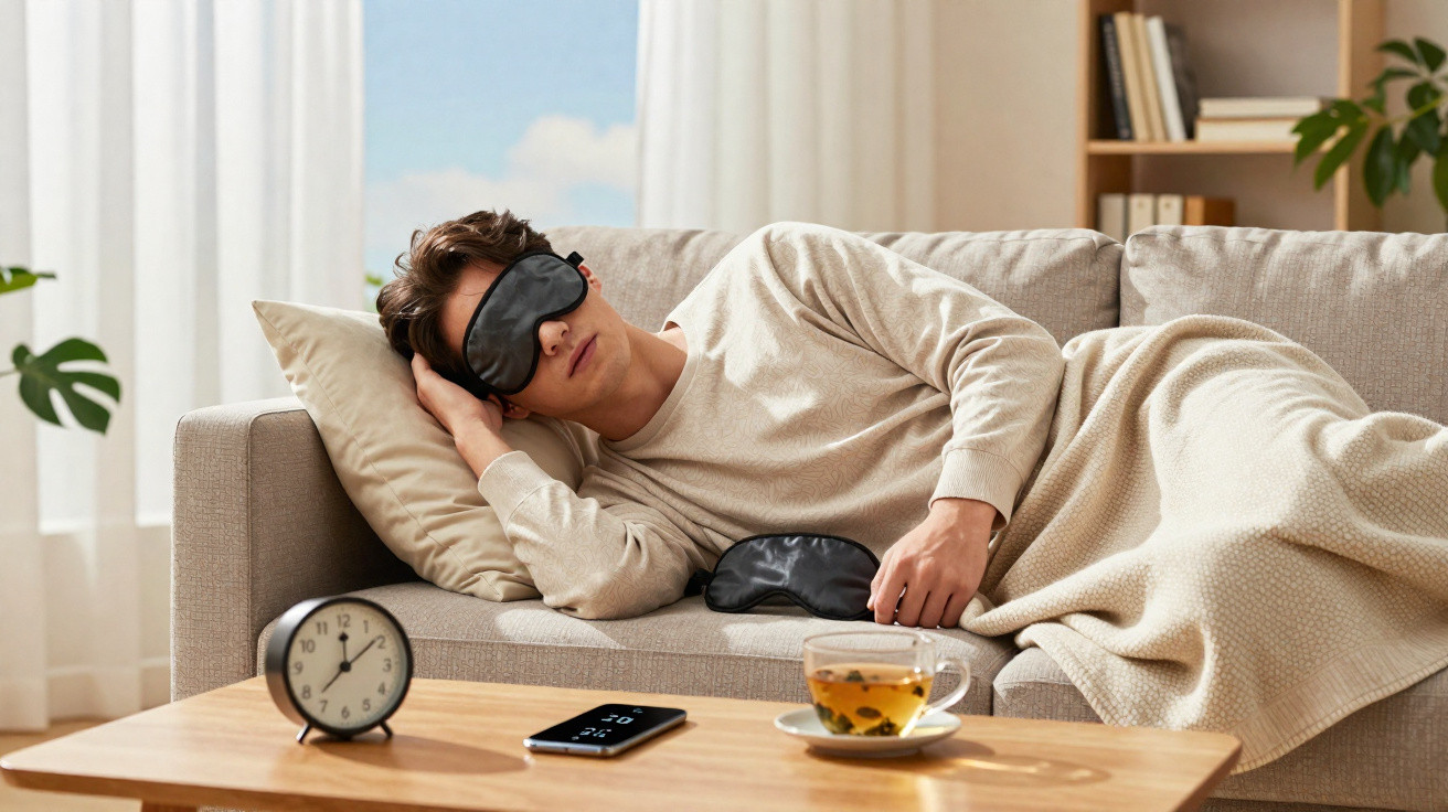Young man wearing a sleep mask lying on a sofa covered with a blanket next to a clock, phone, and cup of tea.