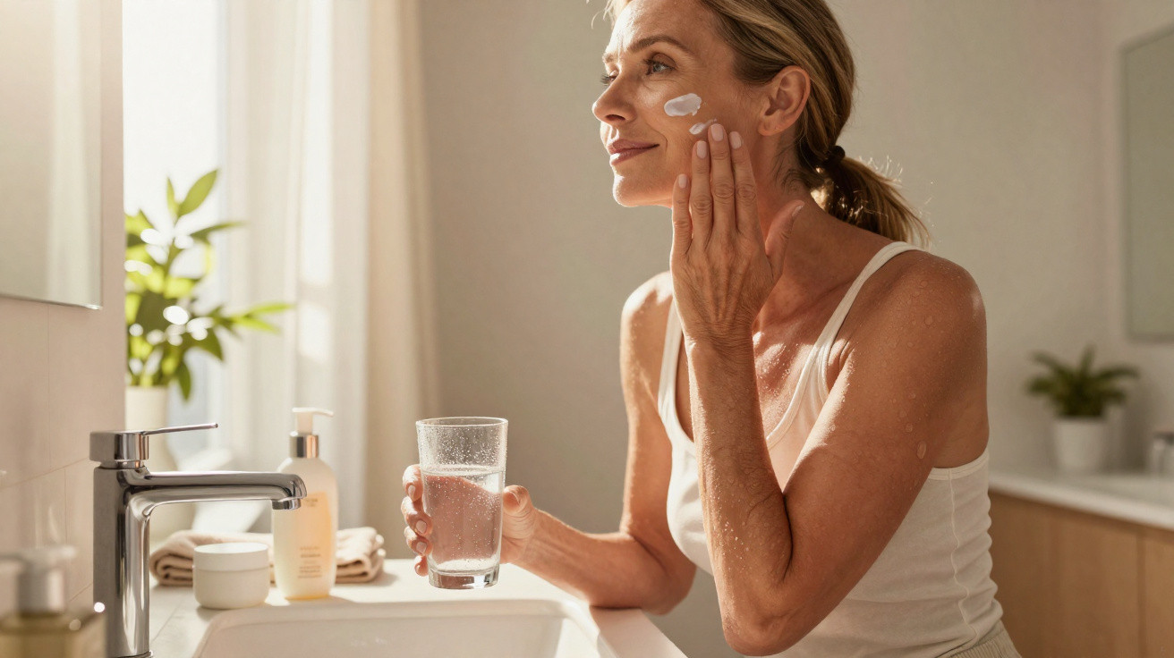Woman applying face cream in a bright bathroom while holding a glass of water by the sink