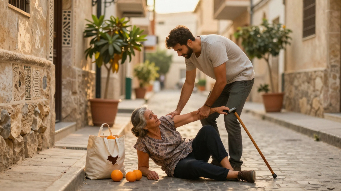 Young man helping elderly woman who has fallen on a cobbled street with a walking stick nearby and oranges scattered.
