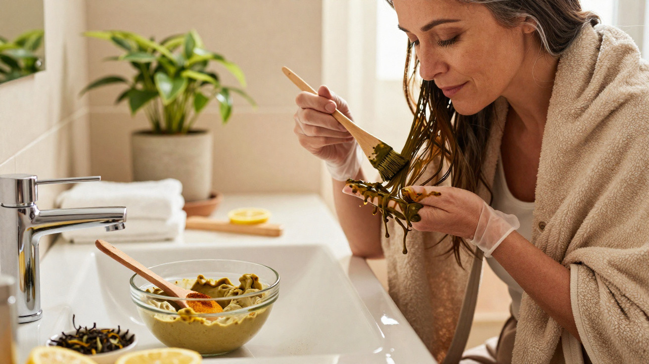 Woman applying green hair dye with brush while sitting by bathroom sink with bowls and lemons nearby