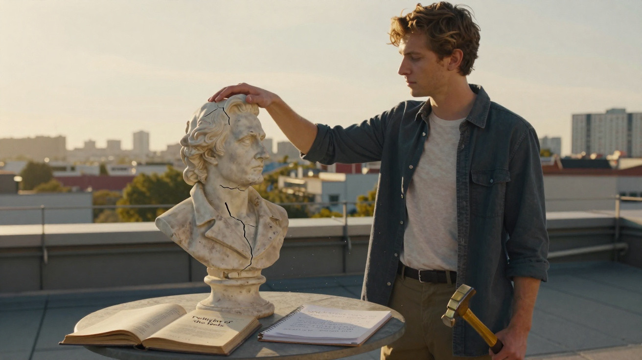 Young man holding hammer, touching cracked marble bust on rooftop table with open book and papers.