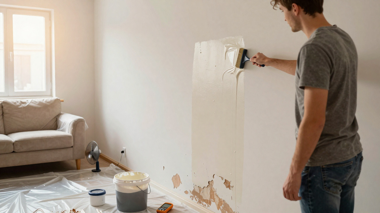 Man applying filler to damaged wall in living room with sofa and fan nearby during home renovation.