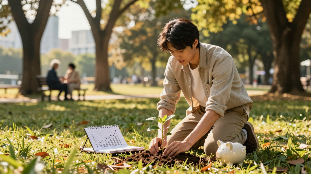 Young man planting a sapling in the park with a growth chart and piggy bank nearby.